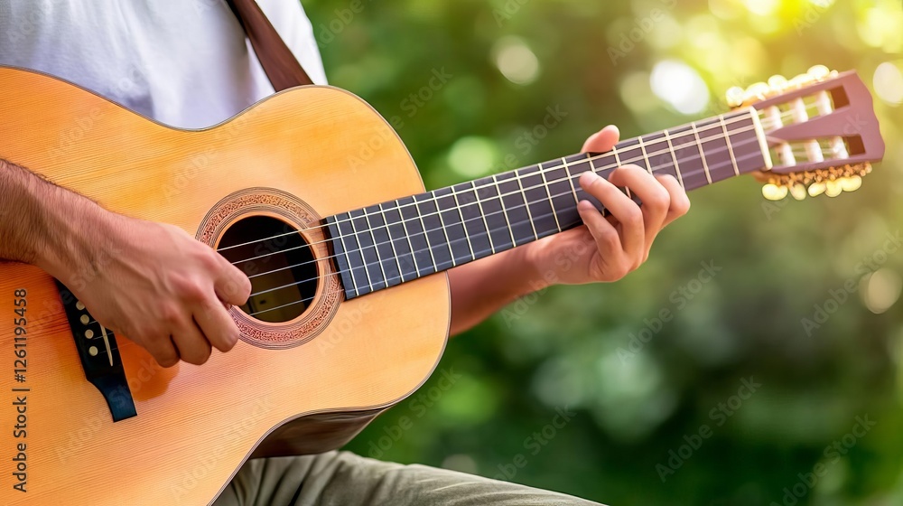 Obraz premium Guitarist playing soft acoustic music in a peaceful outdoor setting