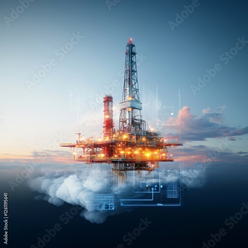 Industrial Oil Rig Surrounded by Clouds with Digital Interface Visuals