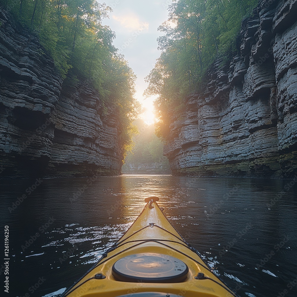 Fototapeta premium Kayaking through a serene canyon at sunrise, surrounded by towering cliffs