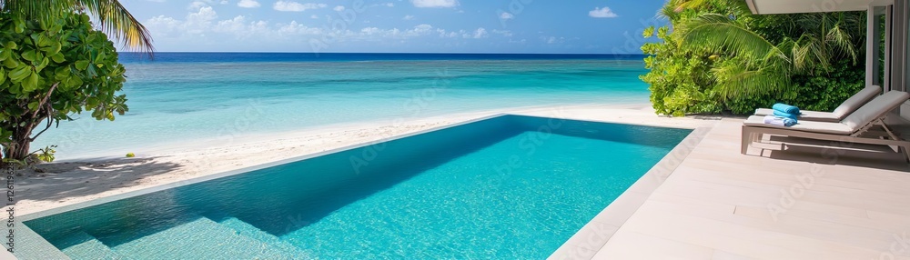 Luxury infinity pool overlooking a tranquil ocean, serene tropical escape Luxury infinity pool overlooking a tranquil ocean, serene tropical escape