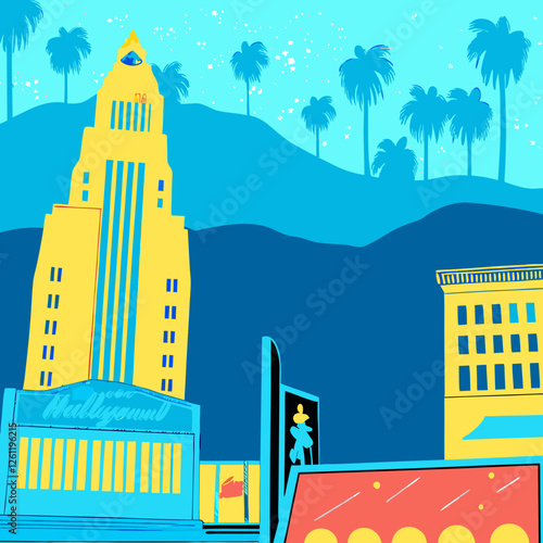 hollywood, city, building, town, house, vector, street, illustration, architecture, urban, cityscape, landscape, tree, sky, home, buildings, cartoon, skyline, design, business, skyscraper, view, icon,