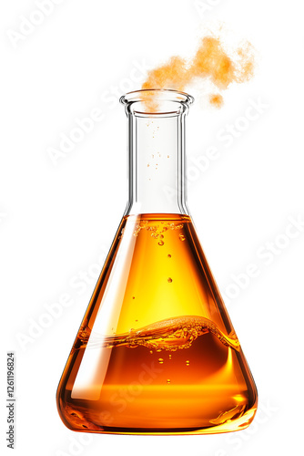 Transparent glass flask filled with orange liquid, emitting orange vapor, isolated on a white background. Suitable for science, chemistry, and laboratory visuals. photo