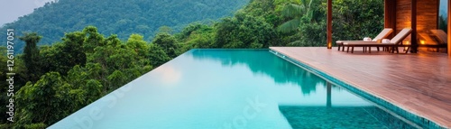 Luxury resort infinity pool blending into a tropical jungle view