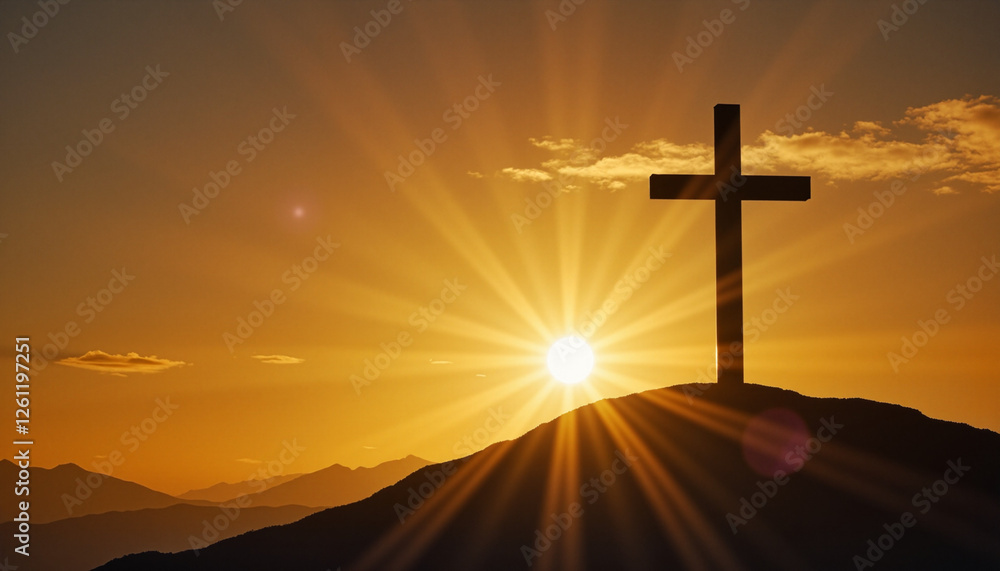 Wooden cross silhouetted against a radiant sunset, evoking a sacred atmosphere on Good Friday Wooden cross silhouetted against a radiant sunset, evoking a sacred atmosphere on Good Friday