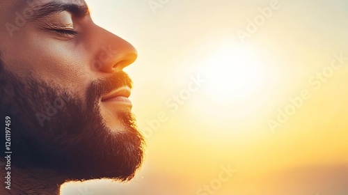Man practicing deep breathing exercises with warm sunlight on his face