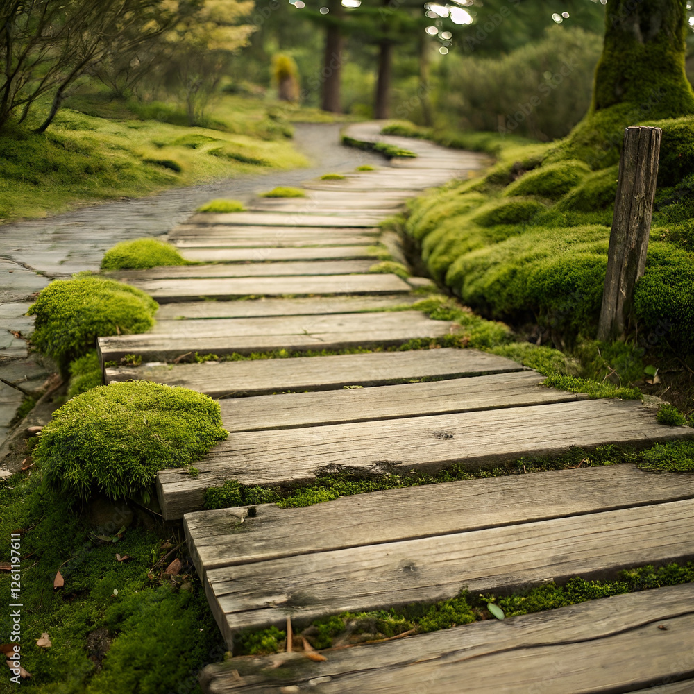 Weathered wooden garden paths adorned with moss, showcasing natural aging effects and rustic charm Weathered wooden garden paths adorned with moss, showcasing natural aging effects and rustic charm