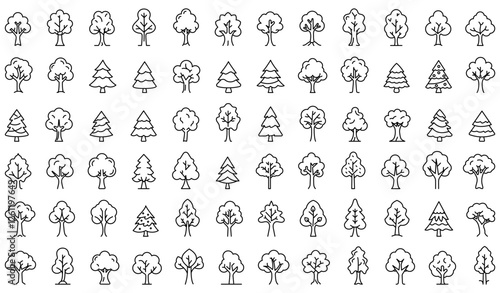 Tree icon. Big set of linear tree icons in minimalist style. Simple silhouette tree icons collection. Line art trees. Vector illustration