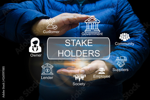 A woman holding digital business concept image showing "Stakeholders," with icons representing customers, employees, suppliers, government, lenders, society, community, and owners.