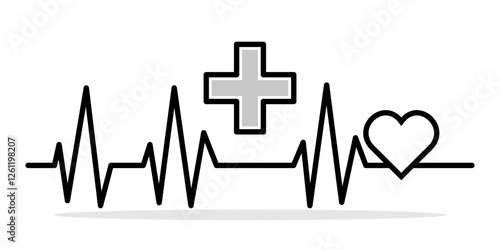 Medical icon with heartbeat. Minimalist black medical icon featuring a heartbeat, line cross and a heart. Concept of healthcare, cardiology, and medical support. Vector illustration