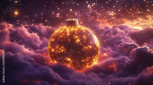 Golden Christmas Ornament Floating on Clouds in Starry Night Sky photo