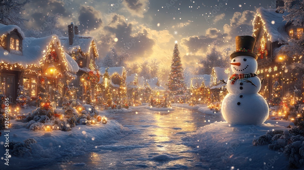 Fototapeta premium Snowy Christmas village at sunset with snowman