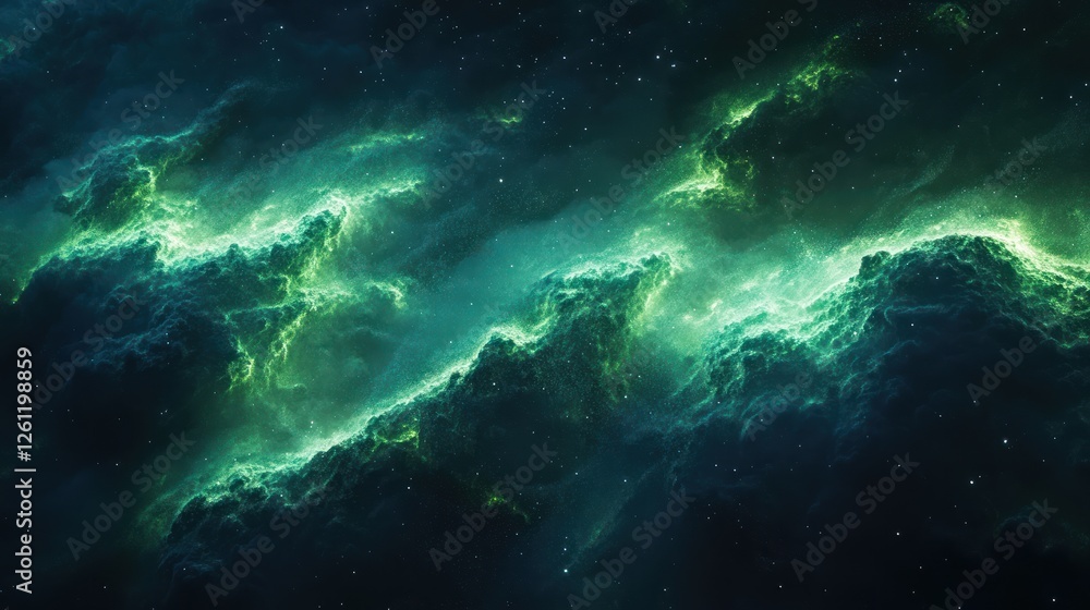 Fototapeta premium Emerald Nebula, cosmic clouds swirling, starry background, space art, website header