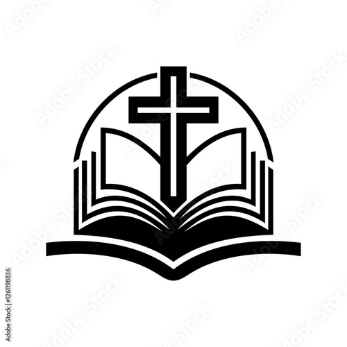 Religion icon. Simple black and white icon of christian cross standing on open bible. Vector illustration