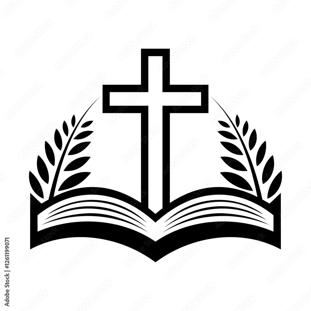 Religion icon. Simple black and white icon of christian cross standing on open bible. Vector illustration Religion icon. Simple black and white icon of christian cross standing on open bible. Vector illustration