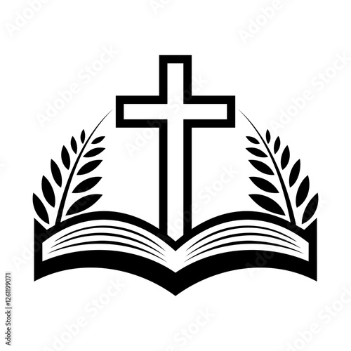 Religion icon. Simple black and white icon of christian cross standing on open bible. Vector illustration
