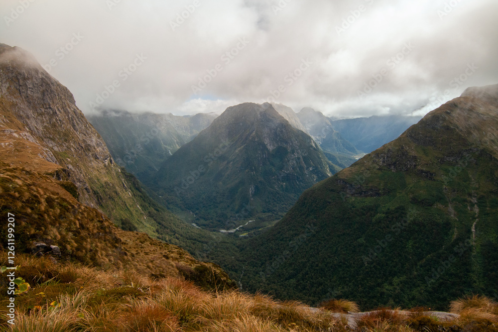 Fototapeta premium Arthur Valley and Mount Pillans between Mount Elliot and Mount Hart, Scenery of Mackinnon Pass, Fiordland, Milford Track, New Zealand