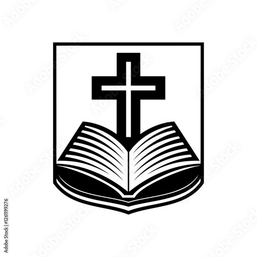 Religion icon. Simple black and white icon of christian cross standing on open bible. Vector illustration