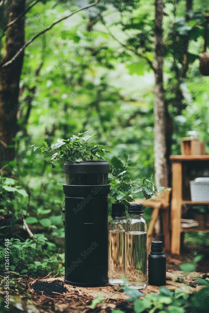 Forest greenery with plant and water bottles. Forest greenery with plant and water bottles.