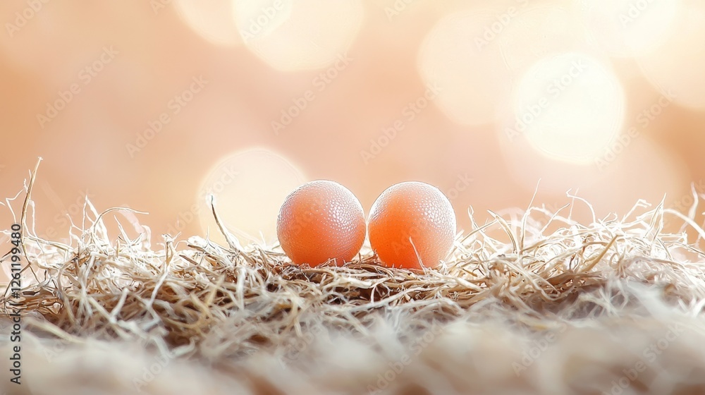 Two orange eggs sitting on top of a pile of straw Two orange eggs sitting on top of a pile of straw