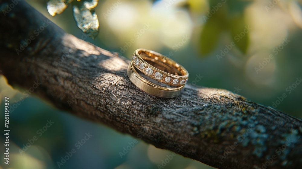 Fototapeta premium Wedding rings on a tree branch, symbolizing the growth and strength of love