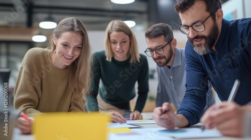 Group of professionals collaborating on a project in a modern office space