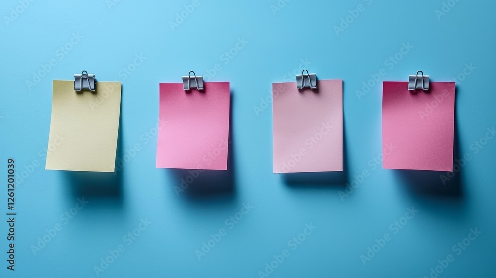 A row of four sticky notes with paper clips attached to them A row of four sticky notes with paper clips attached to them
