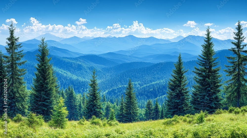 A view of a mountain range with trees in the foreground A view of a mountain range with trees in the foreground