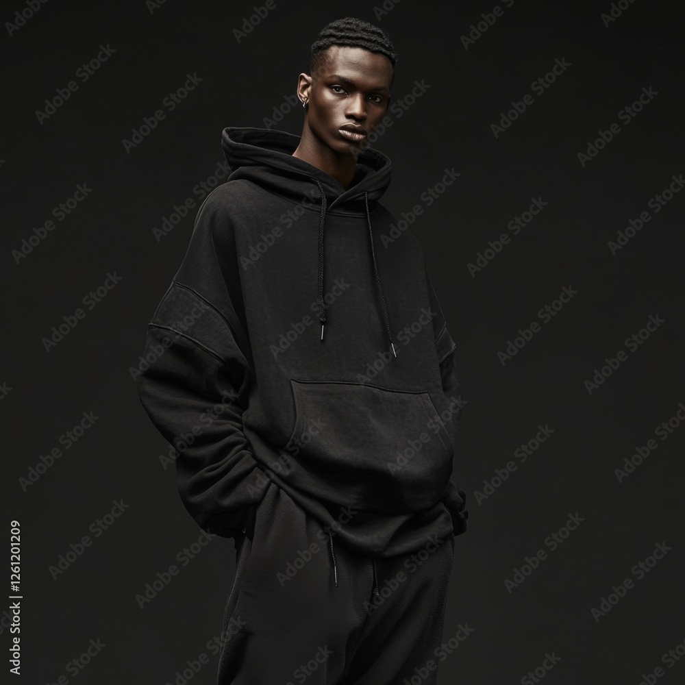 A man in a black hoodie standing in front of a black background A man in a black hoodie standing in front of a black background