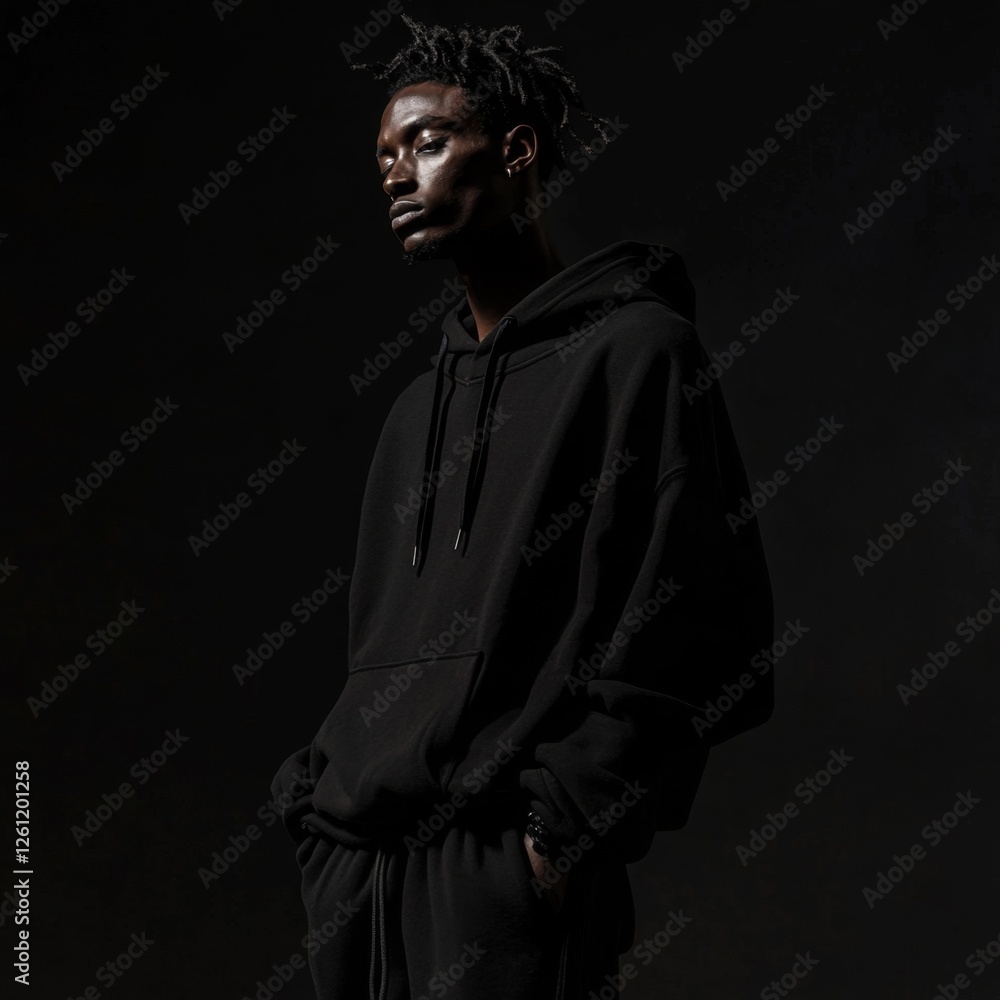 A man in a black hoodie standing in front of a black background A man in a black hoodie standing in front of a black background