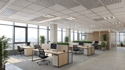 Modern Office Design Spacious Workspace, Natural Light, Plants