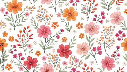 seamless pattern with pink, yellow and red flowers