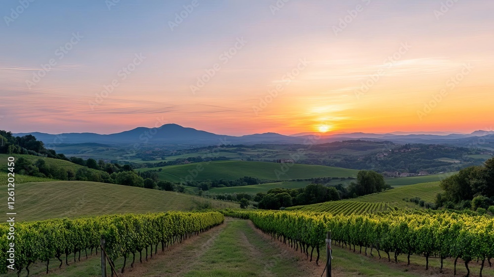Fototapeta premium Relaxing view of rolling hills and a sunset sky, peaceful travel moment