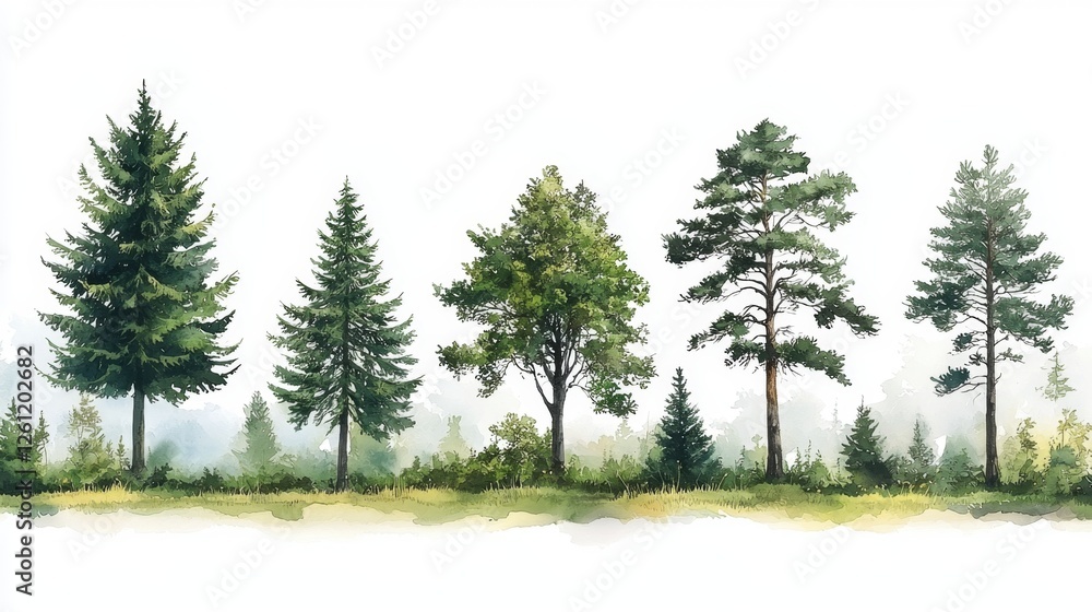 A watercolor painting of a group of trees in a field A watercolor painting of a group of trees in a field
