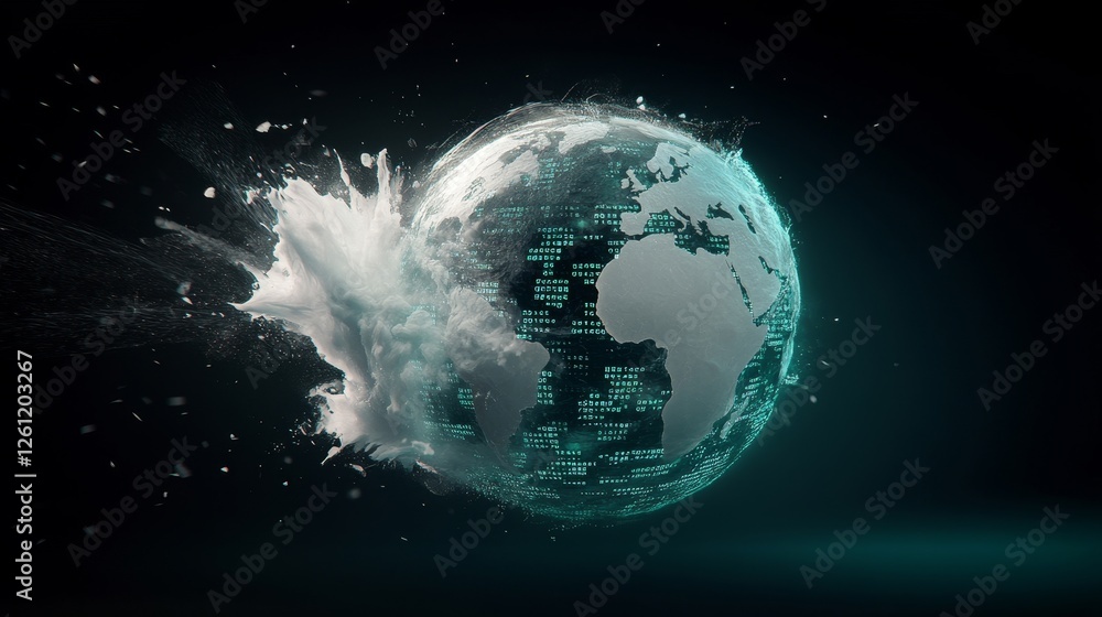 Fototapeta premium Digital globe with explosion of water and binary code on dark background