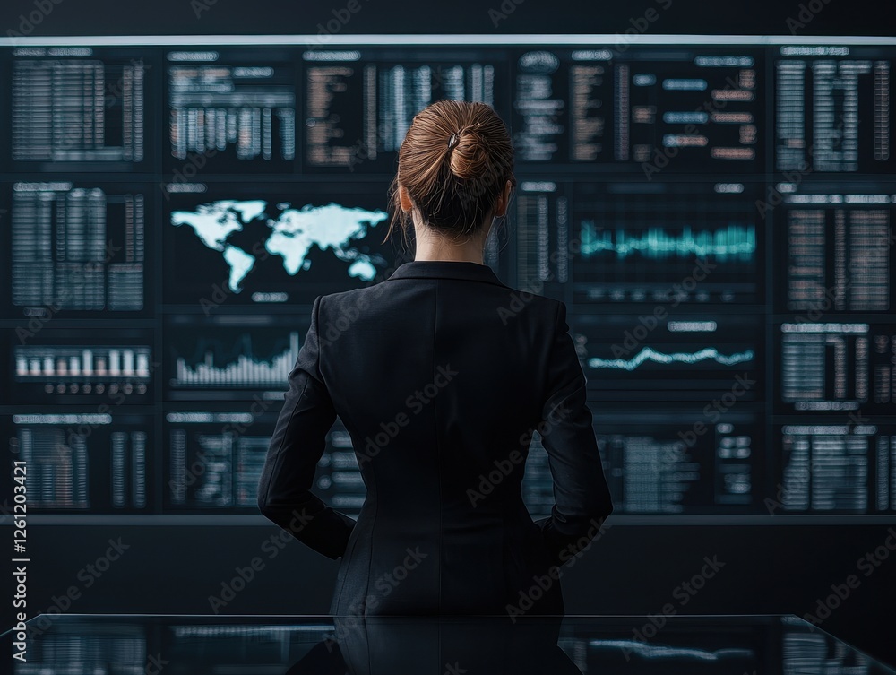 Fototapeta premium Finance and power in businesswomen. A businesswoman analyzes data on a futuristic screen in a modern office setting.