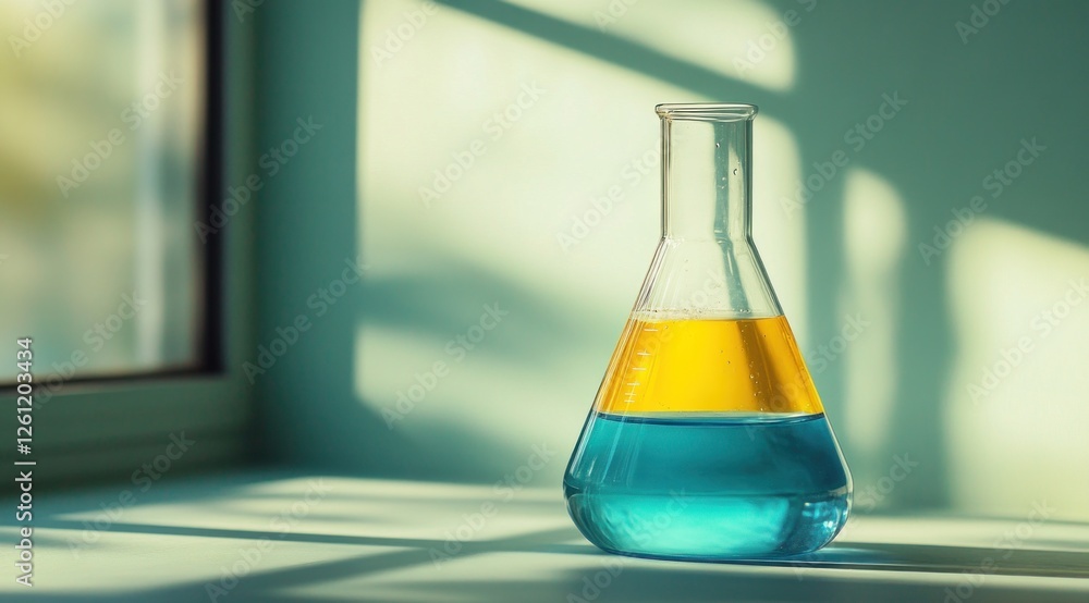 A beaker holds vibrant blue and yellow liquid, set against a sunlit background with soft shadows, ideal for scientific purposes or studies A beaker holds vibrant blue and yellow liquid, set against a sunlit background with soft shadows, ideal for scientific purposes or studies