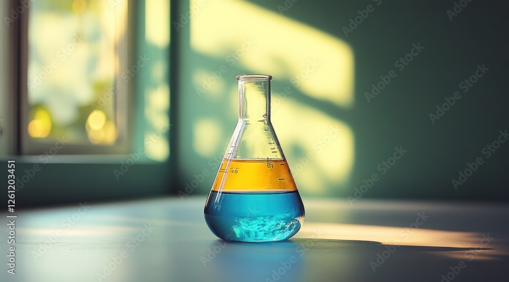 A beaker containing a blend of light blue and yellow liquid sits on a table near a window, illuminated by natural daylight A beaker containing a blend of light blue and yellow liquid sits on a table near a window, illuminated by natural daylight