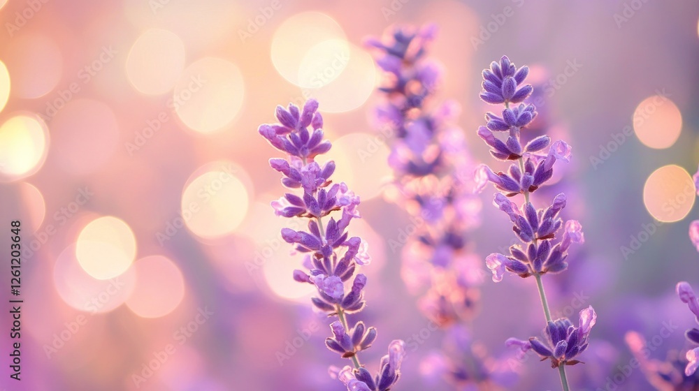 Obraz premium Lavender flowers sunset field bokeh background
