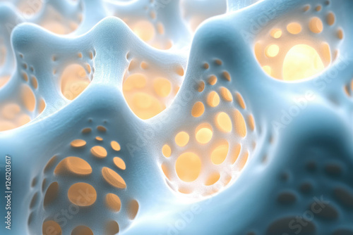 Abstract 3D render of a porous, interconnected structure with glowing inner cavities, resembling a complex network or cellular structure. photo