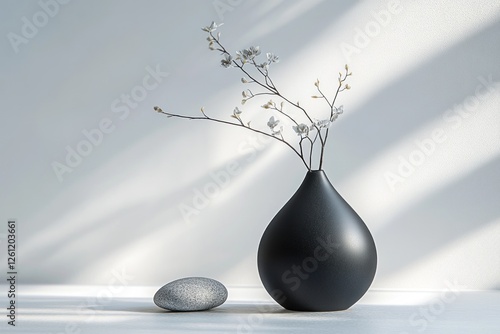 A black matte ceramic vase holds slender branches with small blossoms beside a smooth gray stone on a light surface, creating a calming atmosphere photo