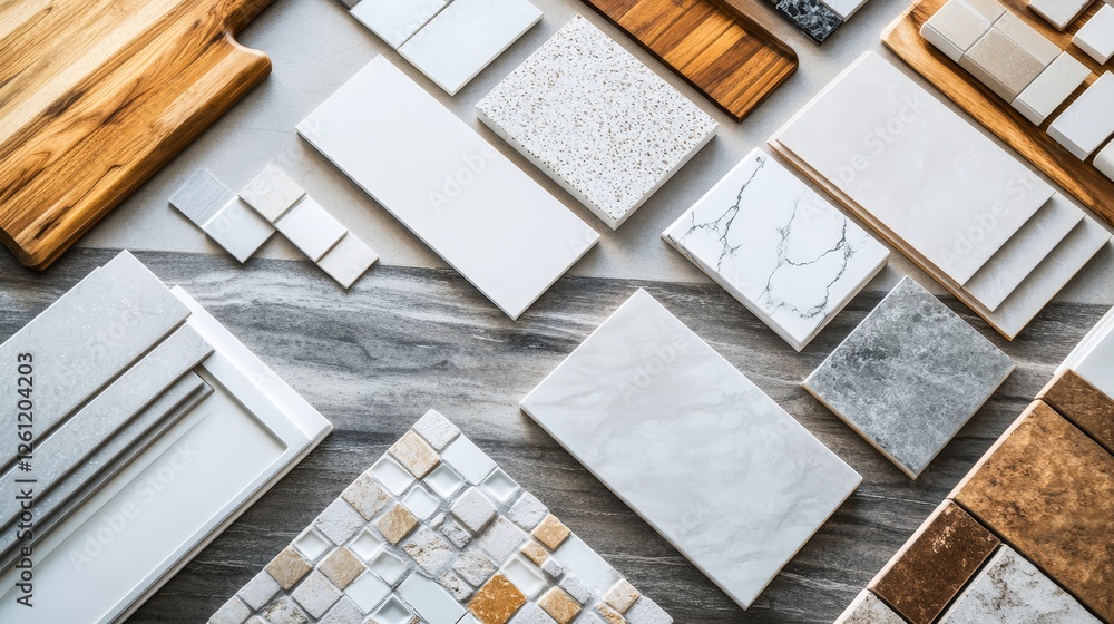 Interior design and home decoration - different shapes of white ceramic and gres tiles. Designer choosing bathroom or kitchen renovation materials. Captured from above (top view, flat lay). Interior design and home decoration - different shapes of white ceramic and gres tiles. Designer choosing bathroom or kitchen renovation materials. Captured from above (top view, flat lay).