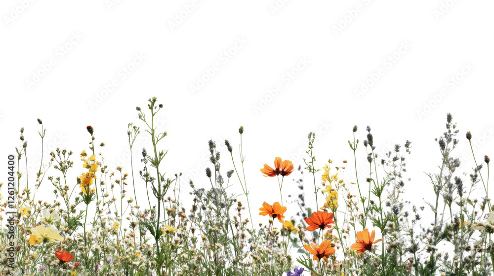 Wildflowers and grass growing with transparent background