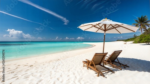 Fototapeta Naklejka Na Ścianę i Meble -  Tropical Beach Paradise White Sand, Azure Waters, Relaxing Chairs, Umbrella