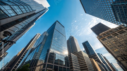 Modern Cityscape Skyscrapers, Architecture, Urban, Business, Glass, Steel, Sunlight, Buildings, Down