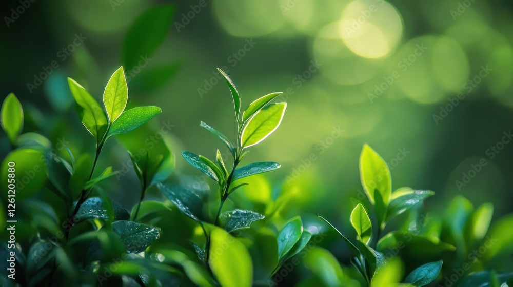 Obraz premium Lush green tea leaves sunrise forest background