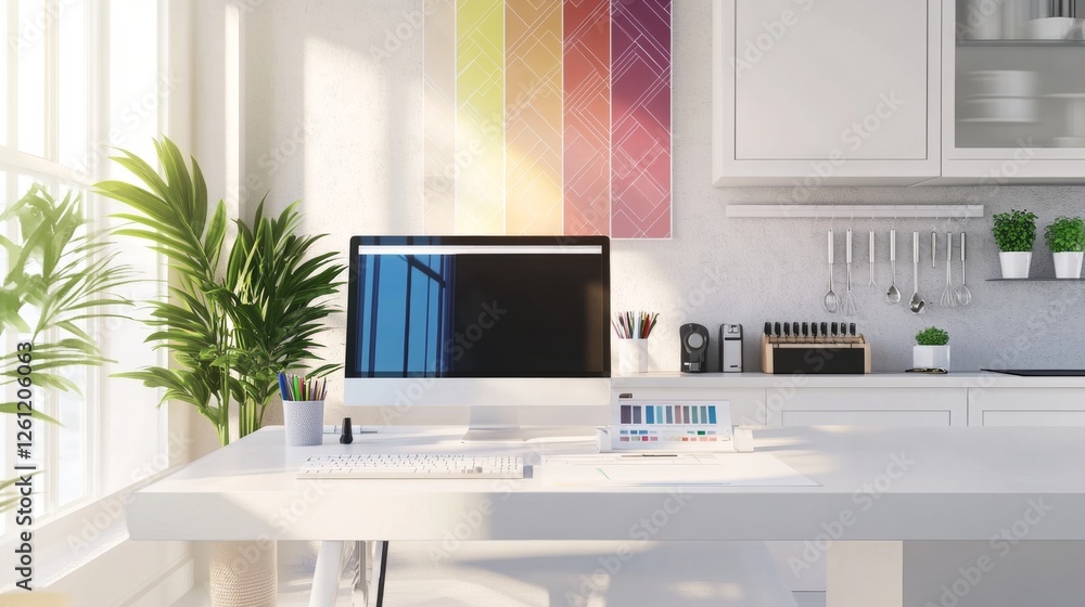 Obraz premium Architect designer concept, white work desk with computer, paper draft, kitchen project images and blueprint. Sample color material palette, creative background idea with copy space, 3d illustration