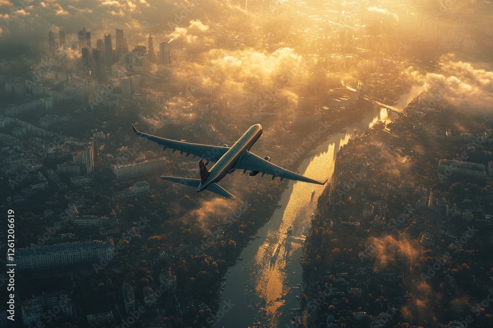 Naklejka premium Airplane soars above a vibrant city landscape at sunset, surrounded by clouds and a winding river reflecting golden light