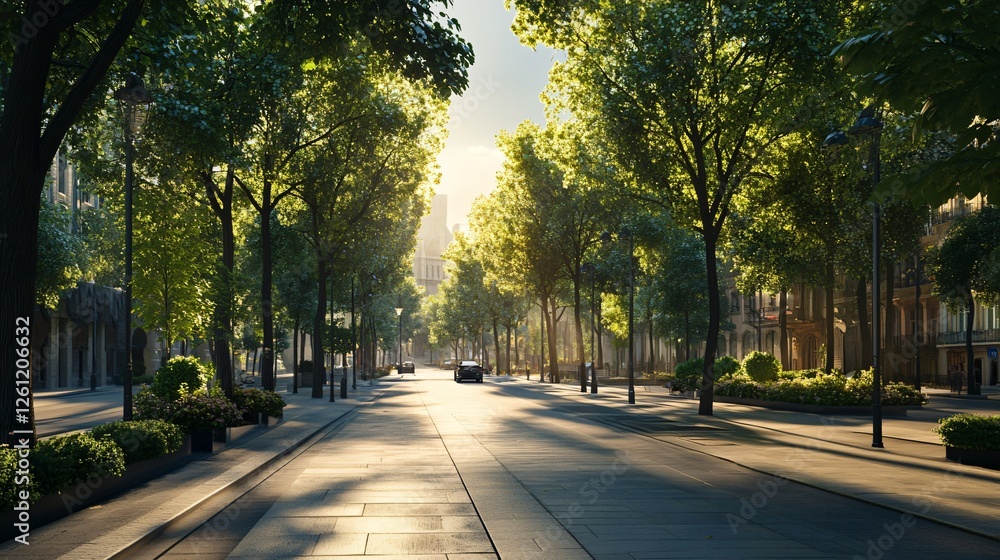 Urban City Street with Lush Green Trees for Wallpaper Urban City Street with Lush Green Trees for Wallpaper