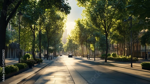Urban City Street with Lush Green Trees for Wallpaper