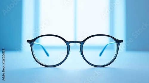 Round glasses on desk, bright window background, vision care photo